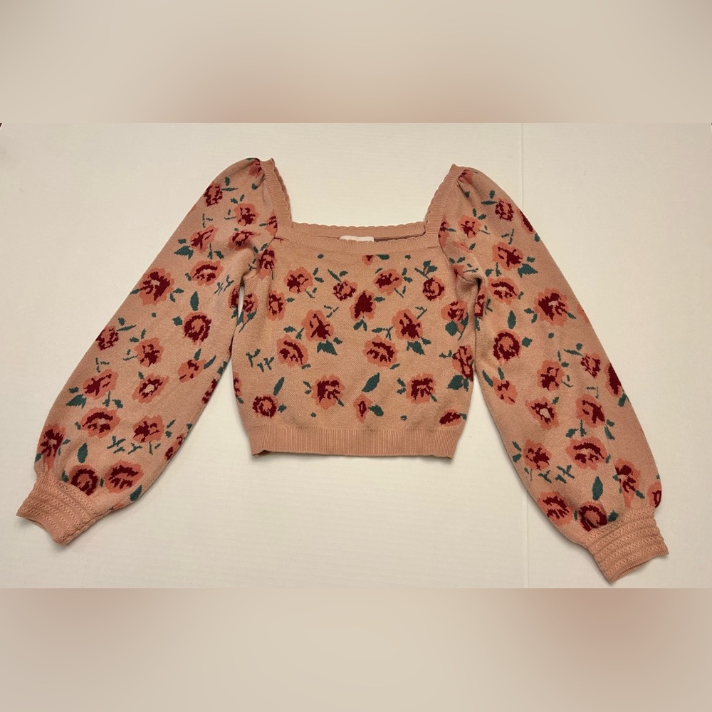 Willow & Wind Pink &Green Floral Square Neck Long Sleeve Crop Sweater Size Large